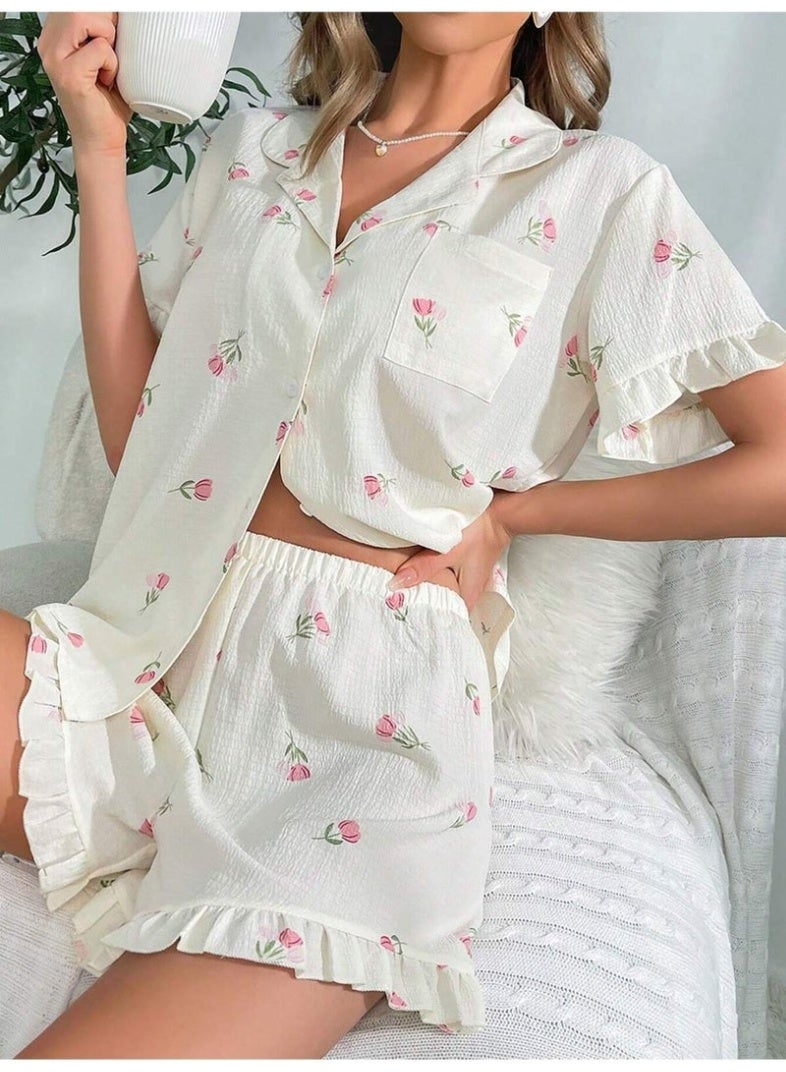 Bella Notte طقم بيجاما مزخرف بالأزهار مع كشكش - Image 5